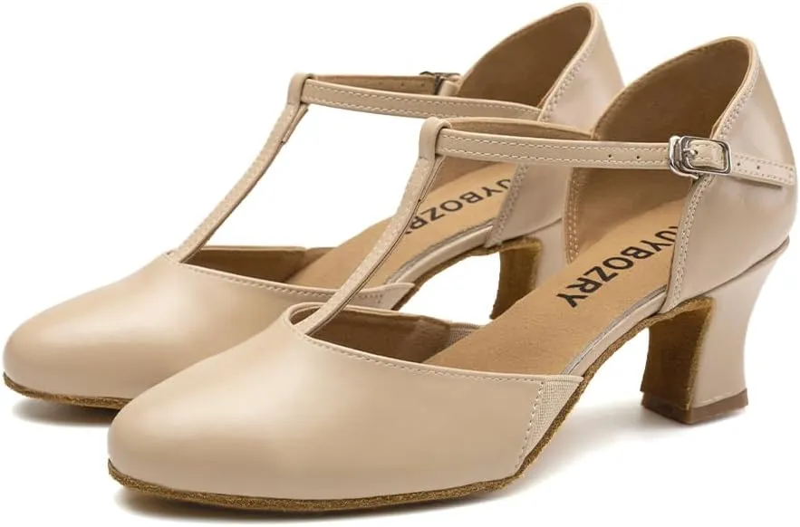 Character Shoes for Women T-Strap Closed Toe Latin Salsa Tango Standard Ballroom Dance Shoes,Model D29-Suede Sole-2.33”Heel