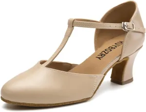 Character Shoes for Women T-Strap Closed Toe Latin Salsa Tango Standard Ballroom Dance Shoes,Model D29-Suede Sole-2.33”Heel