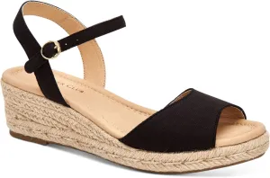 Charter Club Damask Womens Luchia Canvas Buckle Wedge Sandals, Black, 9 Medium (B,M)