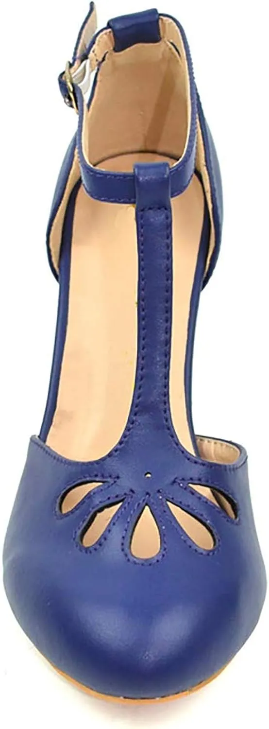 Chase & Chloe New Kimmy-36 Women's Teardrop Cut Out T-Strap Mid Heel Dress Pumps