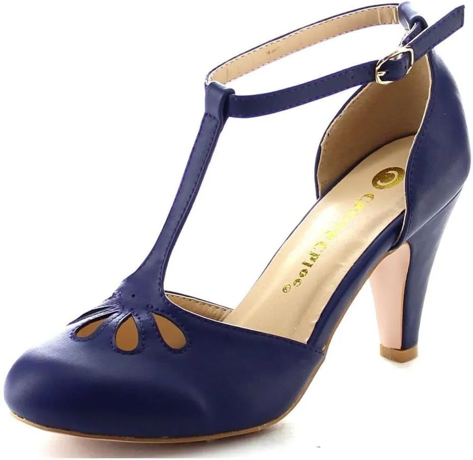 Chase & Chloe New Kimmy-36 Women's Teardrop Cut Out T-Strap Mid Heel Dress Pumps