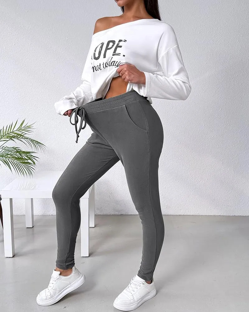 CHICME Women Tracksuit Fall 2 piece Outfits Long Sleeve Crewneck Pullover Tops and Pants Set
