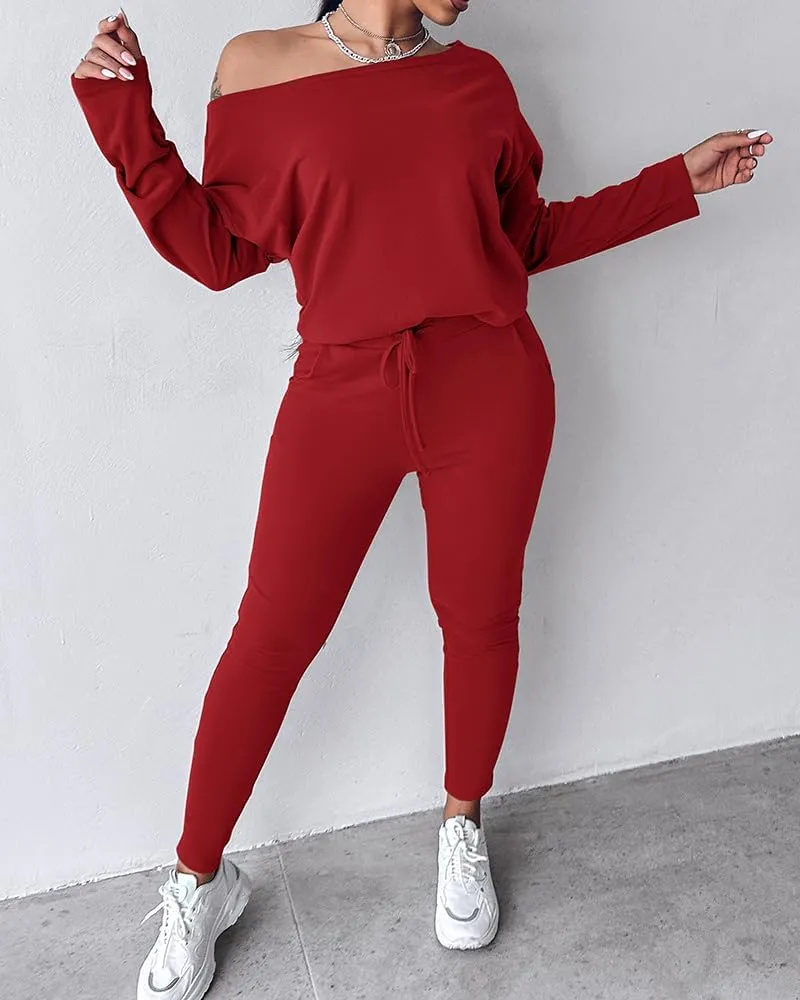 CHICME Women Tracksuit Fall 2 piece Outfits Long Sleeve Crewneck Pullover Tops and Pants Set