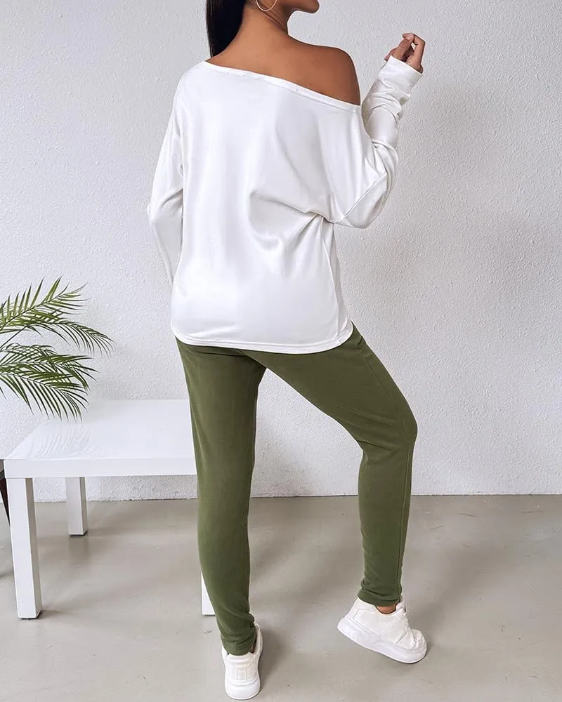 CHICME Women Tracksuit Fall 2 piece Outfits Long Sleeve Crewneck Pullover Tops and Pants Set