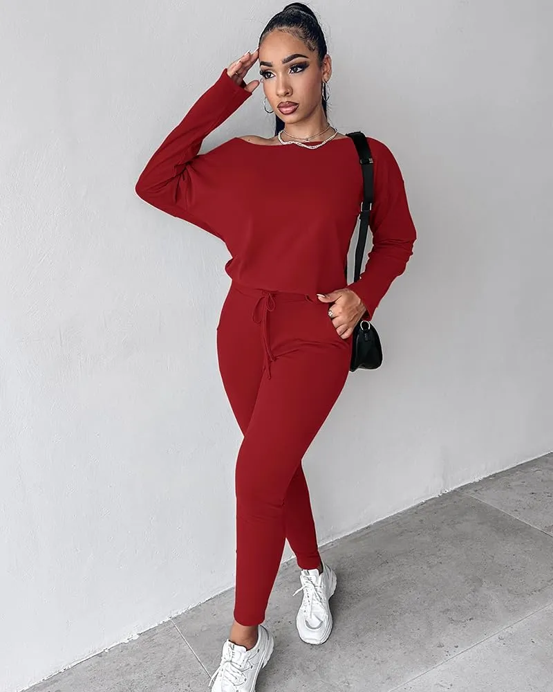 CHICME Women Tracksuit Fall 2 piece Outfits Long Sleeve Crewneck Pullover Tops and Pants Set