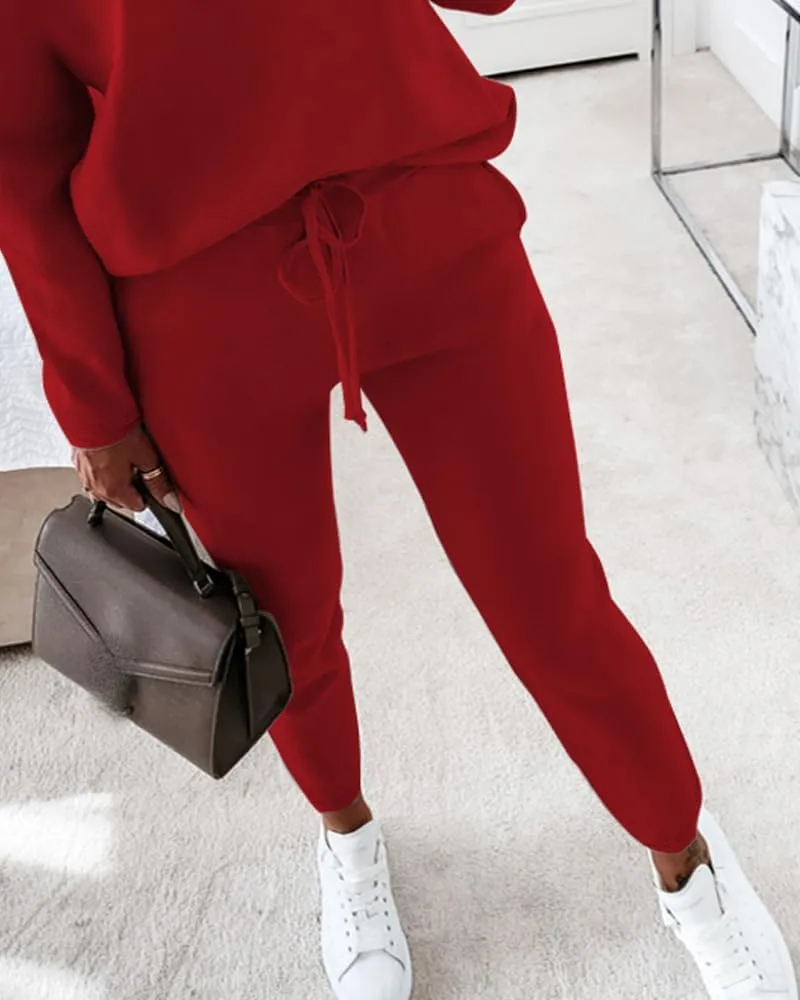 CHICME Women Tracksuit Fall 2 piece Outfits Long Sleeve Crewneck Pullover Tops and Pants Set