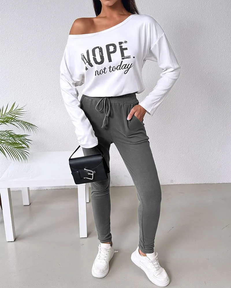 CHICME Women Tracksuit Fall 2 piece Outfits Long Sleeve Crewneck Pullover Tops and Pants Set
