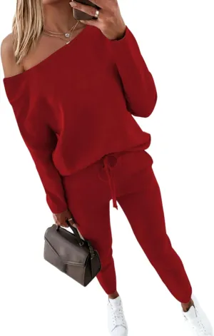 CHICME Women Tracksuit Fall 2 piece Outfits Long Sleeve Crewneck Pullover Tops and Pants Set