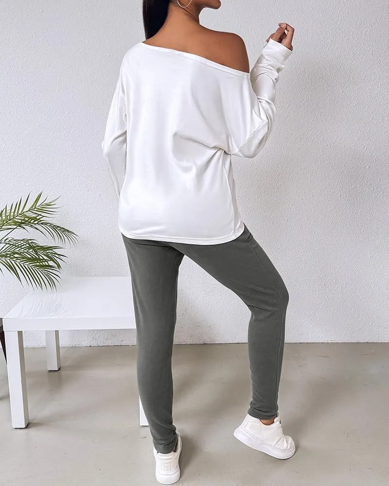 CHICME Women Tracksuit Fall 2 piece Outfits Long Sleeve Crewneck Pullover Tops and Pants Set