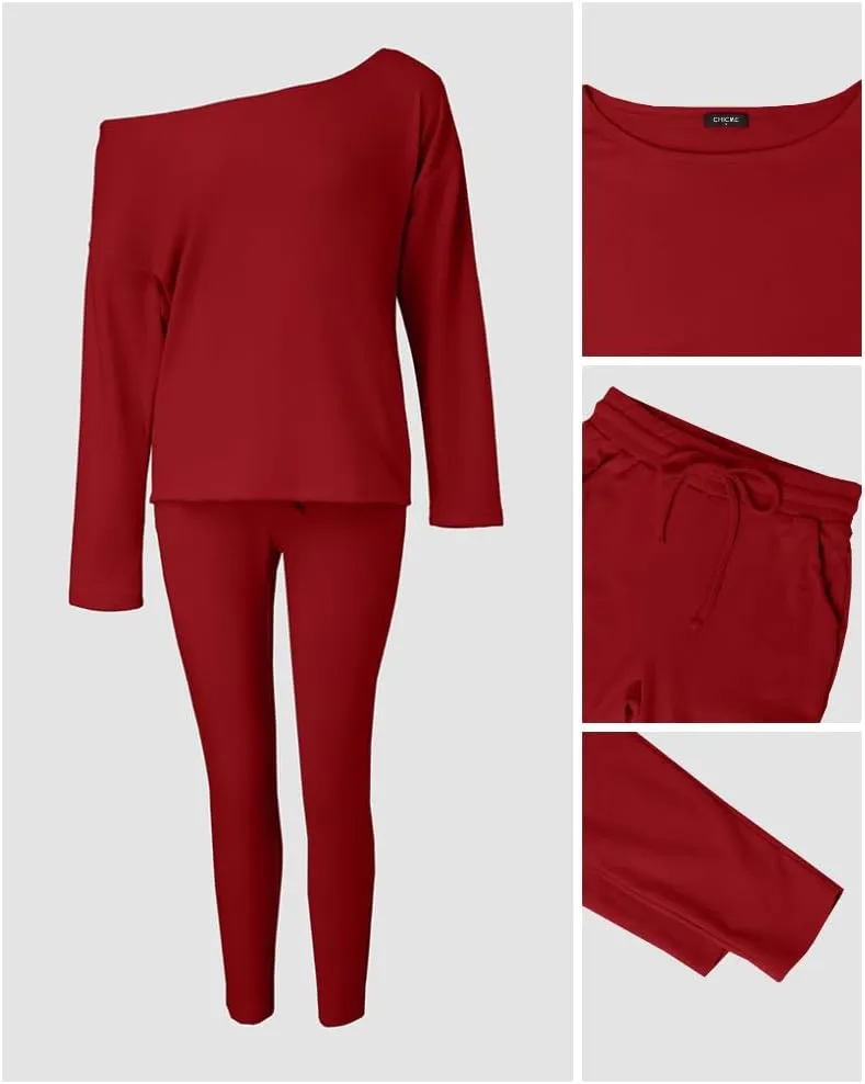 CHICME Women Tracksuit Fall 2 piece Outfits Long Sleeve Crewneck Pullover Tops and Pants Set