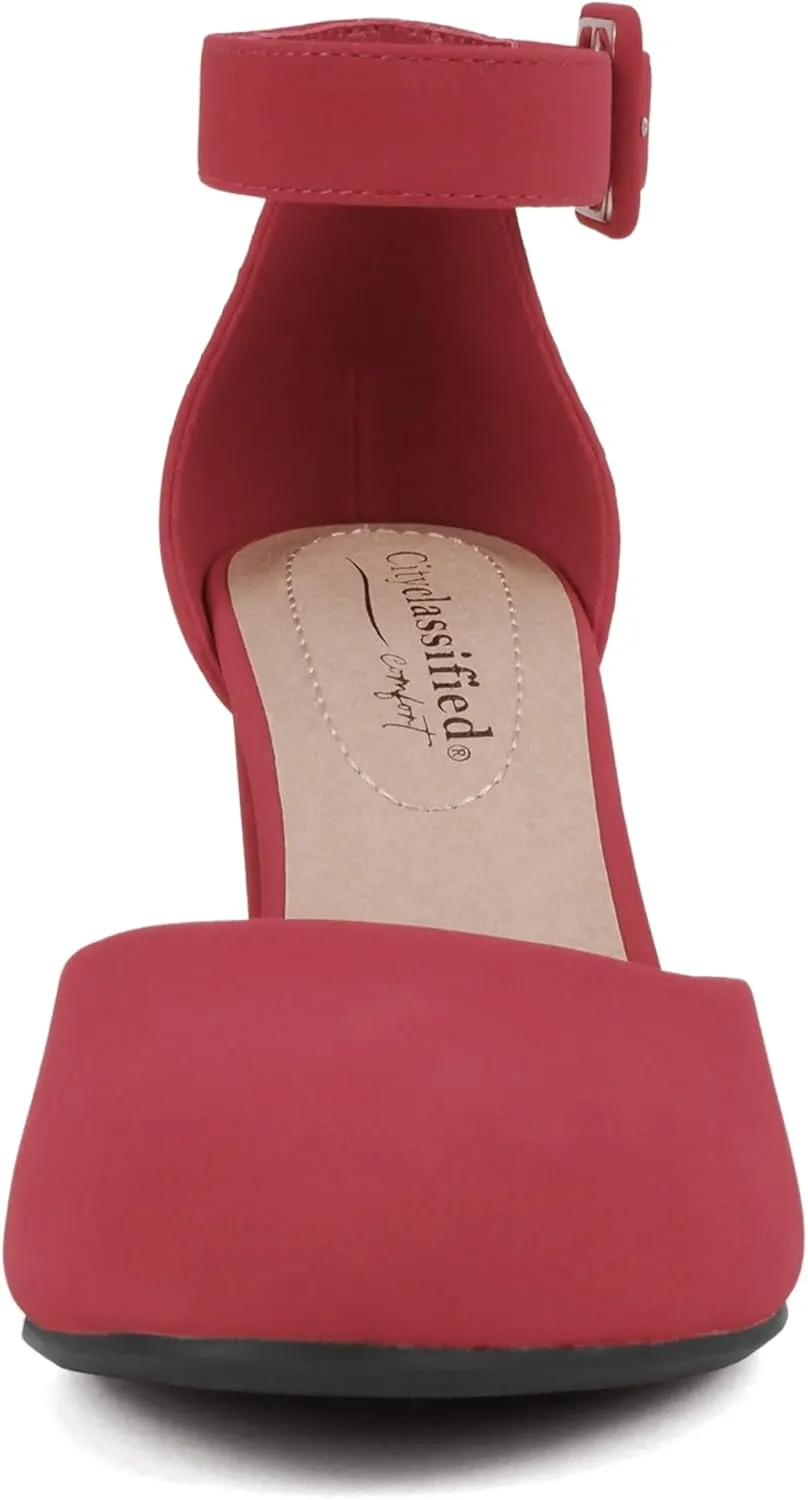 CITYCLASSIFIED “Kelly” ~ Women Comfort Foam Closed Toe Closed Back Counter High Block Heel Pump with Adjustable Ankle Strap