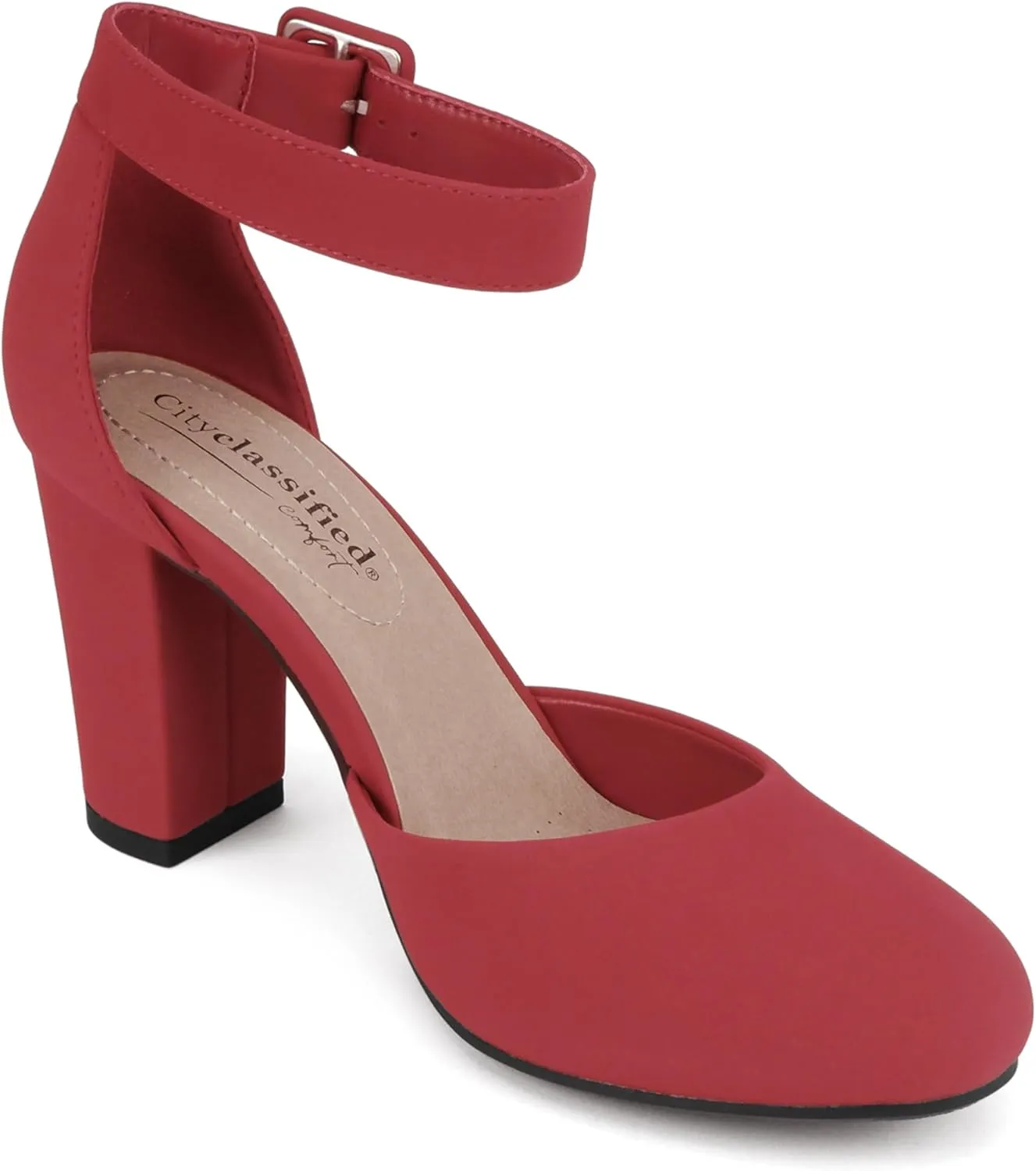CITYCLASSIFIED “Kelly” ~ Women Comfort Foam Closed Toe Closed Back Counter High Block Heel Pump with Adjustable Ankle Strap