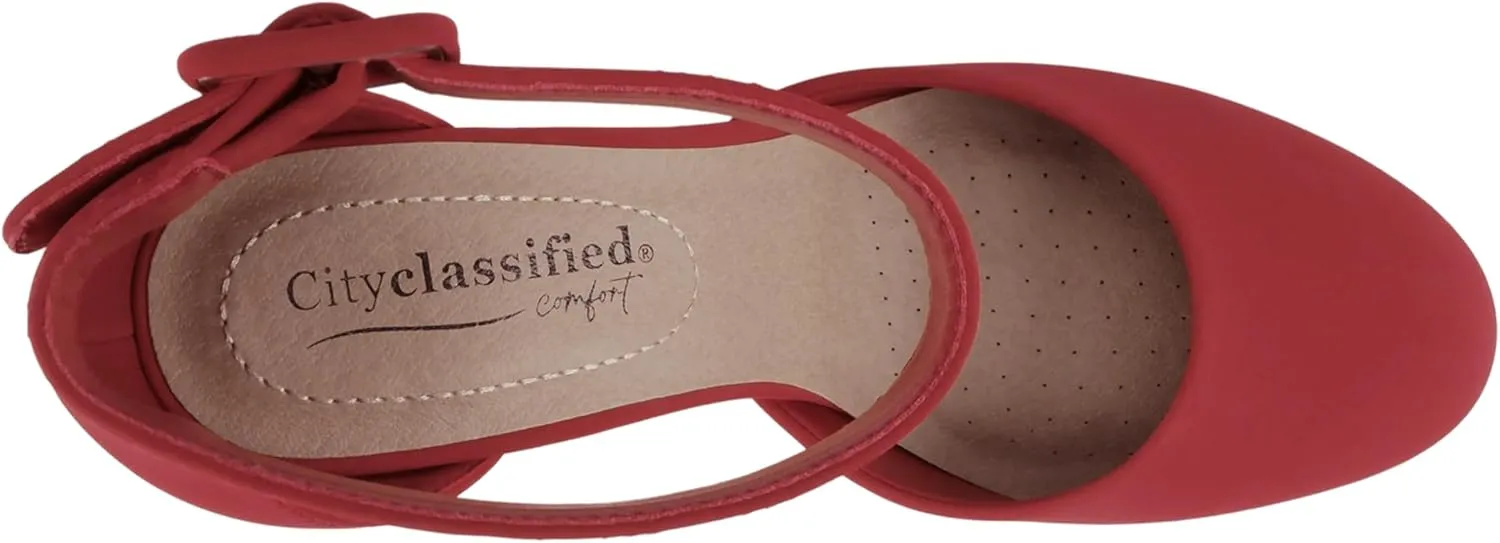 CITYCLASSIFIED “Kelly” ~ Women Comfort Foam Closed Toe Closed Back Counter High Block Heel Pump with Adjustable Ankle Strap