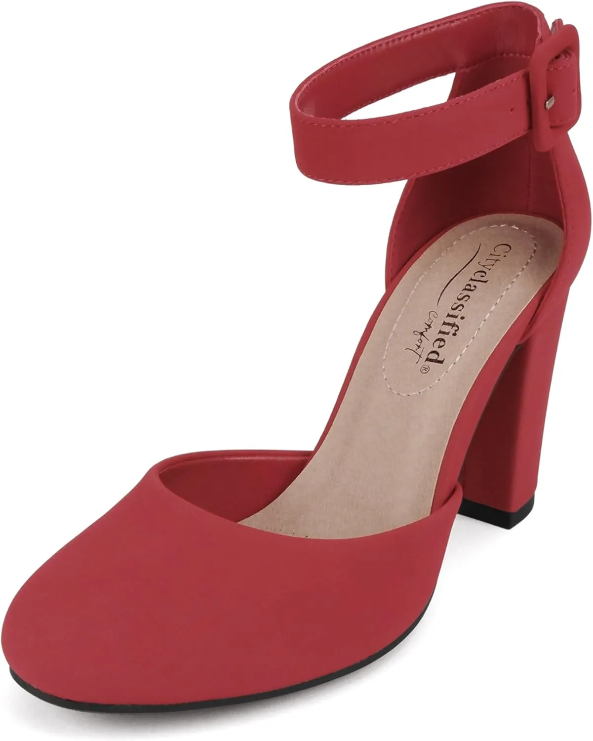 CITYCLASSIFIED “Kelly” ~ Women Comfort Foam Closed Toe Closed Back Counter High Block Heel Pump with Adjustable Ankle Strap