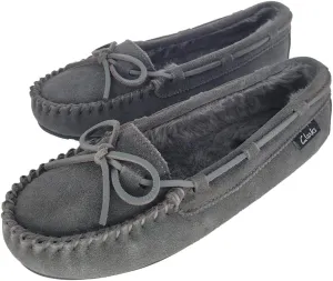 Clarks Women's Suede Bowknot Moccasin Slippers, LB0340 - Fuzzy Indoor/Outdoor Close Back Slip-Ons with Faux Fur Lining & Non-Slip Outsole - Women's Comfy Loafers for Driving Lounging & More, Grey, 6