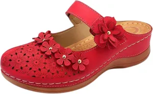 Clogs for Women Mule Sandals Comfortable Summer Flowers Platform Orthopedic Sandals, Round Toe Closed Toe Walking Slippers Hollow Out Breathable Ankle Strap Walking Shoes