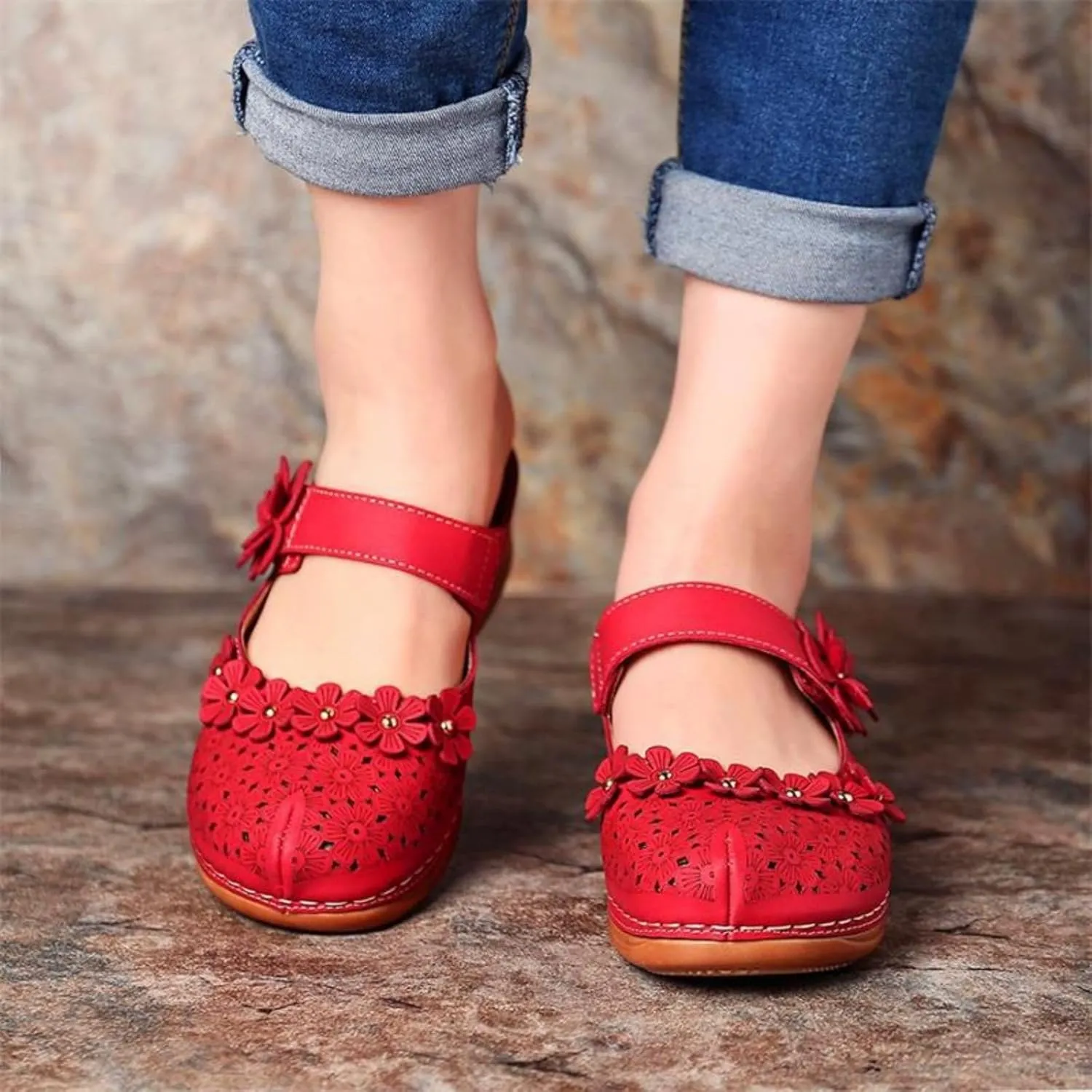 Clogs for Women Mule Sandals Comfortable Summer Flowers Platform Orthopedic Sandals, Round Toe Closed Toe Walking Slippers Hollow Out Breathable Ankle Strap Walking Shoes