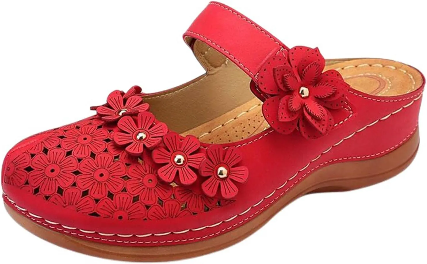 Clogs for Women Mule Sandals Comfortable Summer Flowers Platform Orthopedic Sandals, Round Toe Closed Toe Walking Slippers Hollow Out Breathable Ankle Strap Walking Shoes