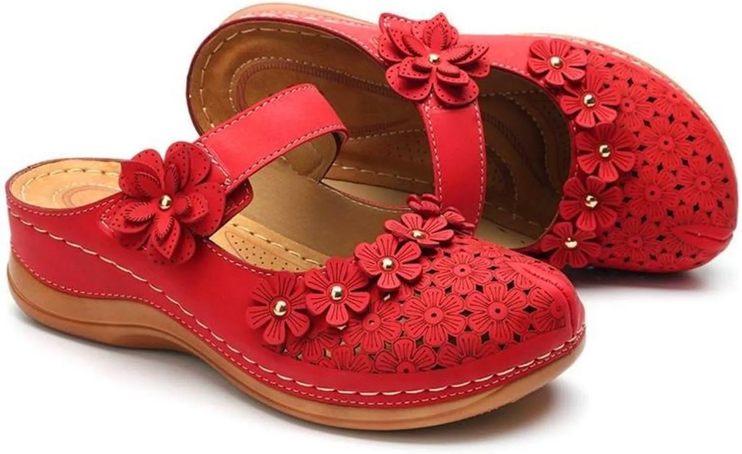 Clogs for Women Mule Sandals Comfortable Summer Flowers Platform Orthopedic Sandals, Round Toe Closed Toe Walking Slippers Hollow Out Breathable Ankle Strap Walking Shoes