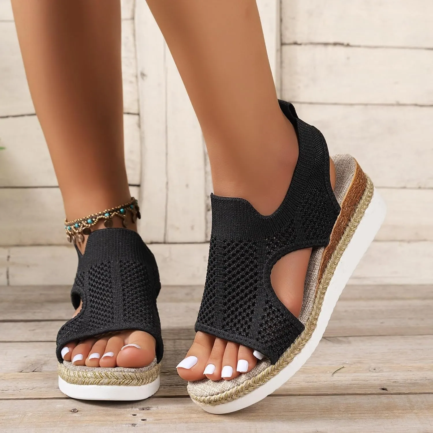 Closed Toe Sandals Women Summer Casual Hollow Strappy Flat Buckle Strap Comfort Insoles, Stylish Jute Wrapped Bottom Design Arch Support Wedge Platform Sandals