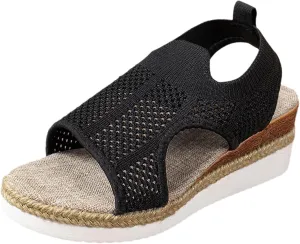 Closed Toe Sandals Women Summer Casual Hollow Strappy Flat Buckle Strap Comfort Insoles, Stylish Jute Wrapped Bottom Design Arch Support Wedge Platform Sandals