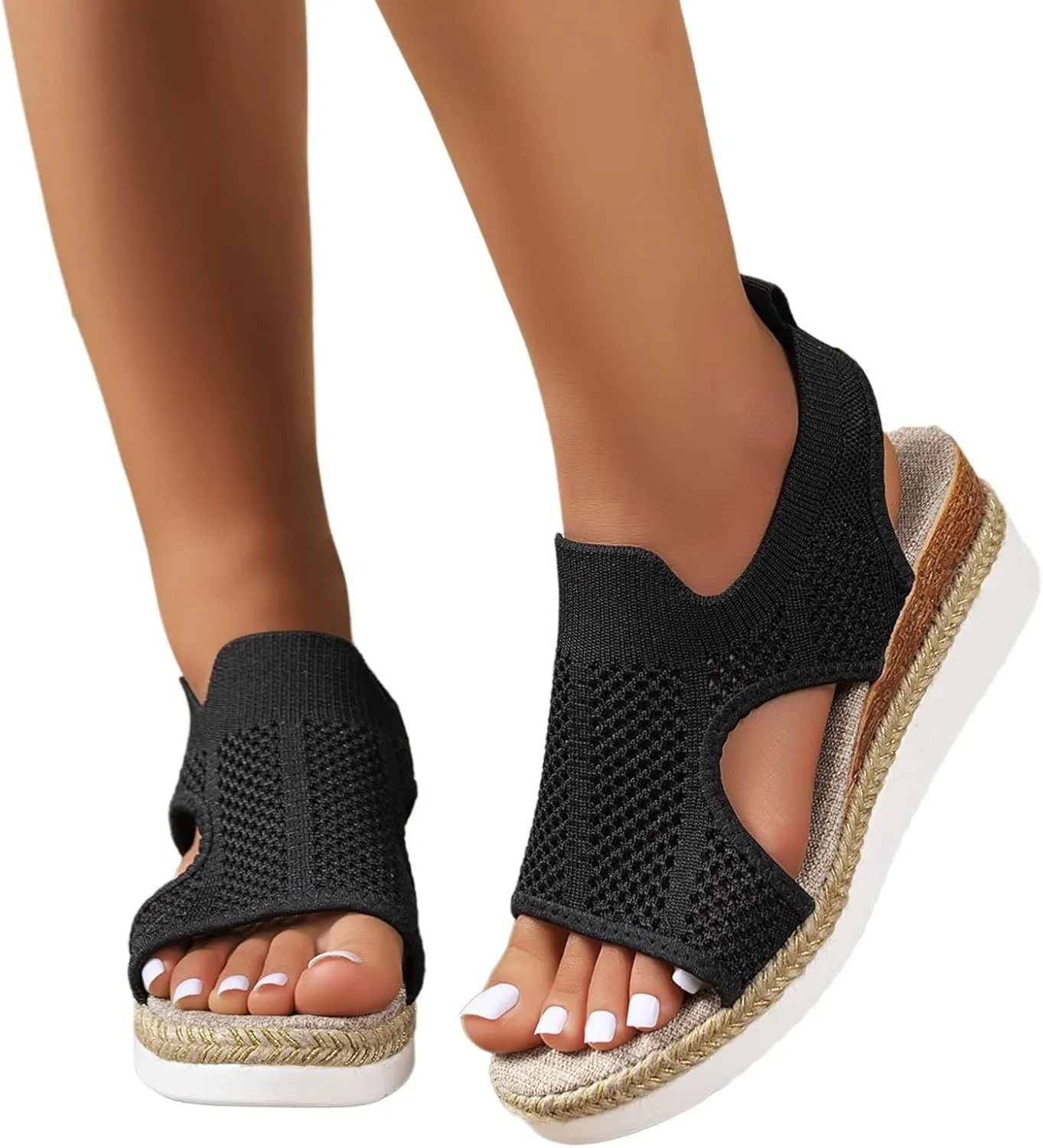 Closed Toe Sandals Women Summer Casual Hollow Strappy Flat Buckle Strap Comfort Insoles, Stylish Jute Wrapped Bottom Design Arch Support Wedge Platform Sandals