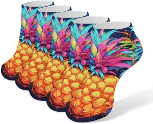 Colorful Pineapple Ankle Socks for Men & Women, 5 Pairs Breathable Soft Low Cut Socks, Stretch Sweat Wicking Sox
