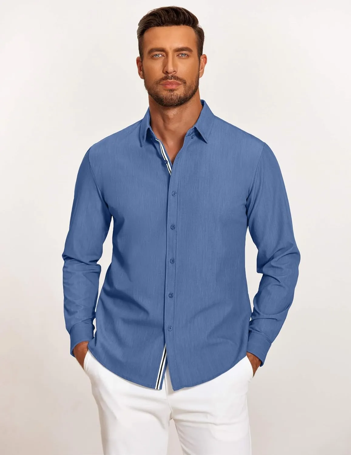 COOFANDY Mens Casual Button Down Shirt Untucked Long Sleeve Stretch Denim Dress Shirt