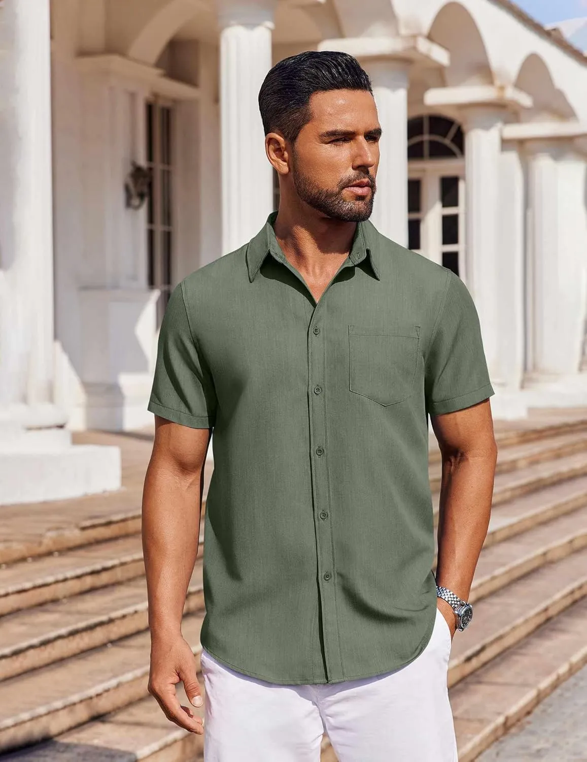 COOFANDY Men's Short Sleeve Button Down Shirt Casual Untucked Dress Shirt Stretch Denim Shirt