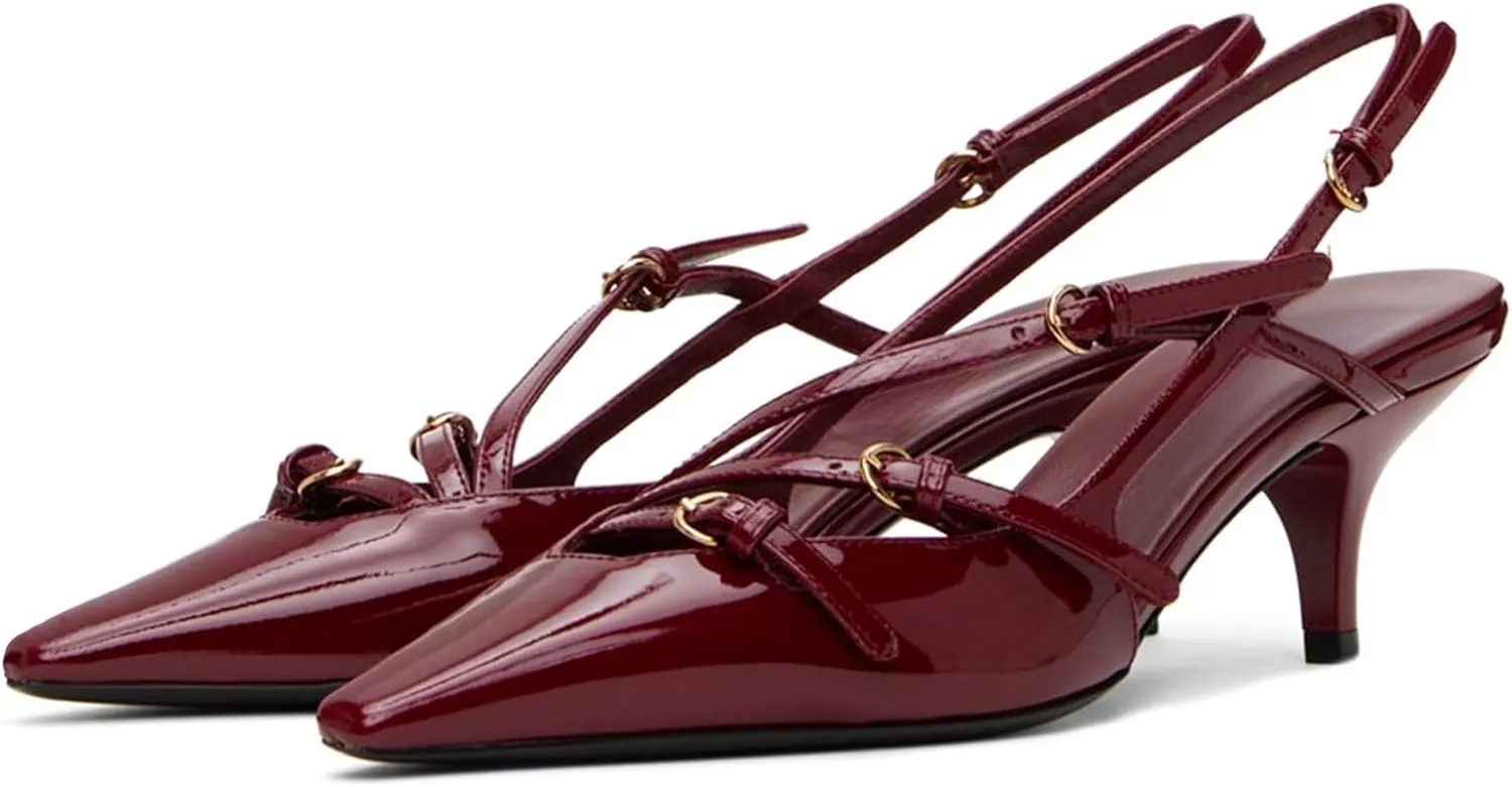 CORNMOOD Slingback Kitten Heels for Women Pointed Toe Stiletto Low Heels with Buckle Strap Heeled Pumps Sandals