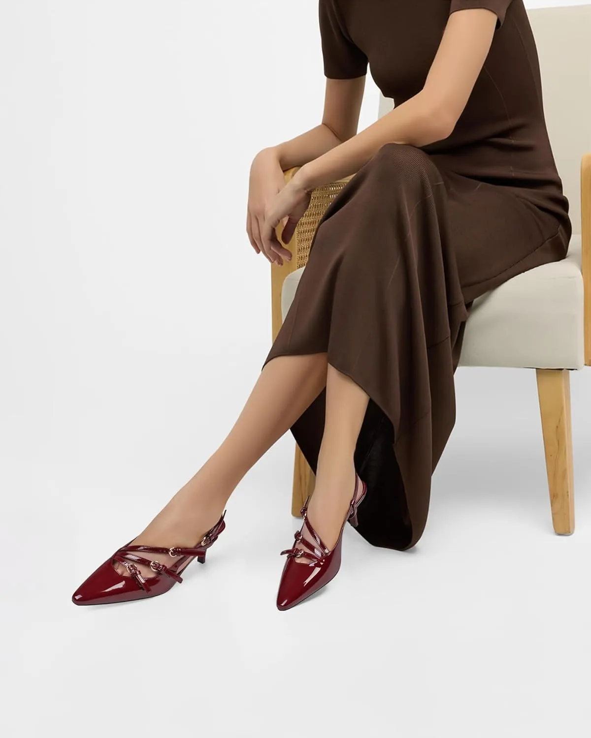 CORNMOOD Slingback Kitten Heels for Women Pointed Toe Stiletto Low Heels with Buckle Strap Heeled Pumps Sandals