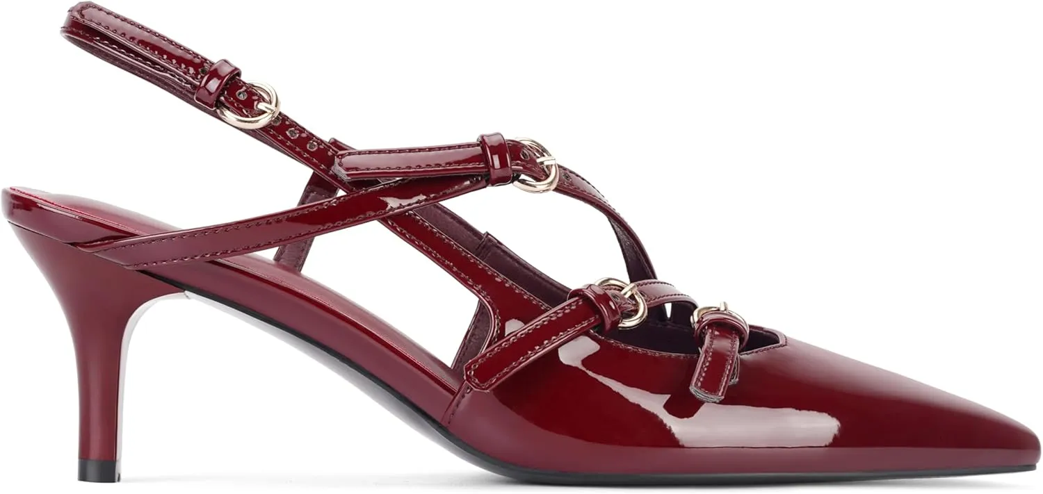 CORNMOOD Slingback Kitten Heels for Women Pointed Toe Stiletto Low Heels with Buckle Strap Heeled Pumps Sandals