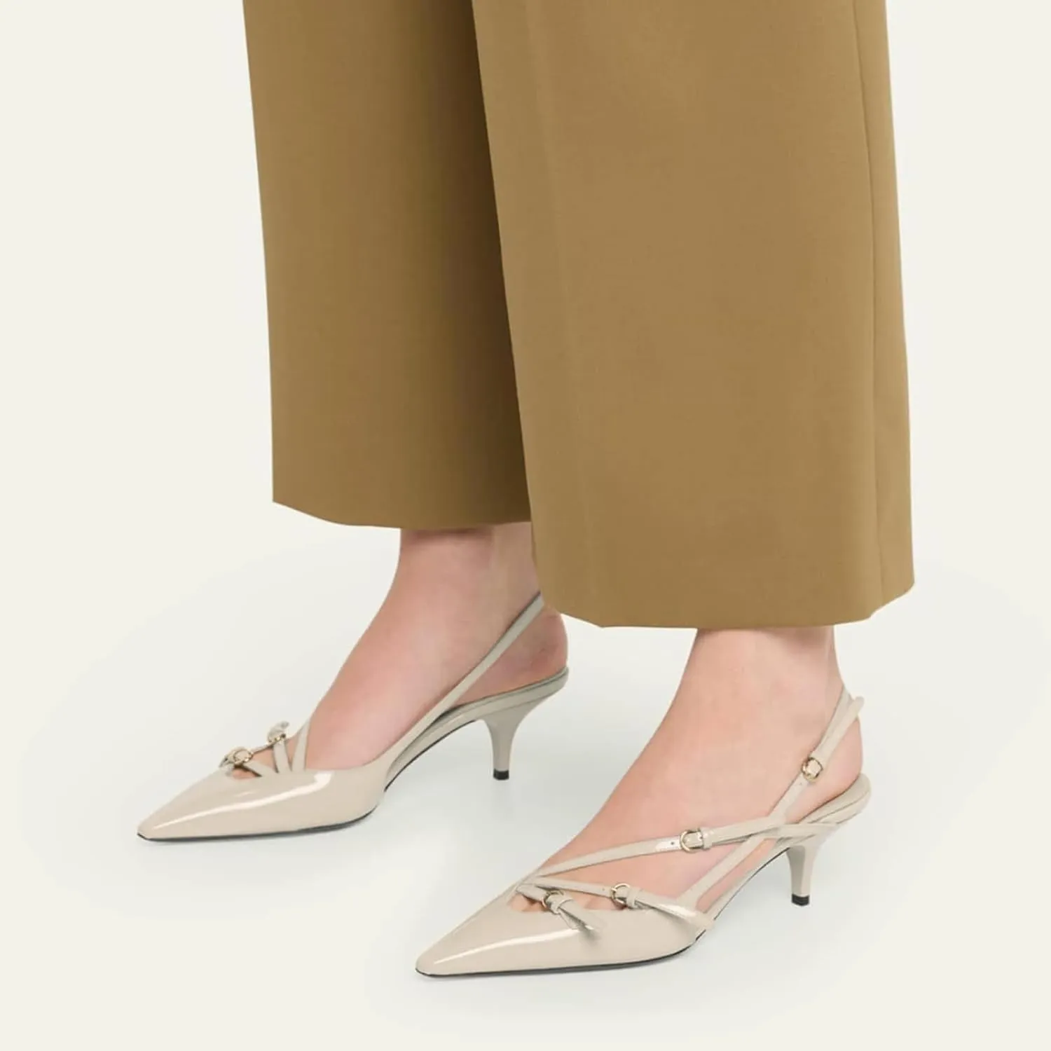 CORNMOOD Slingback Kitten Heels for Women Pointed Toe Stiletto Low Heels with Buckle Strap Heeled Pumps Sandals