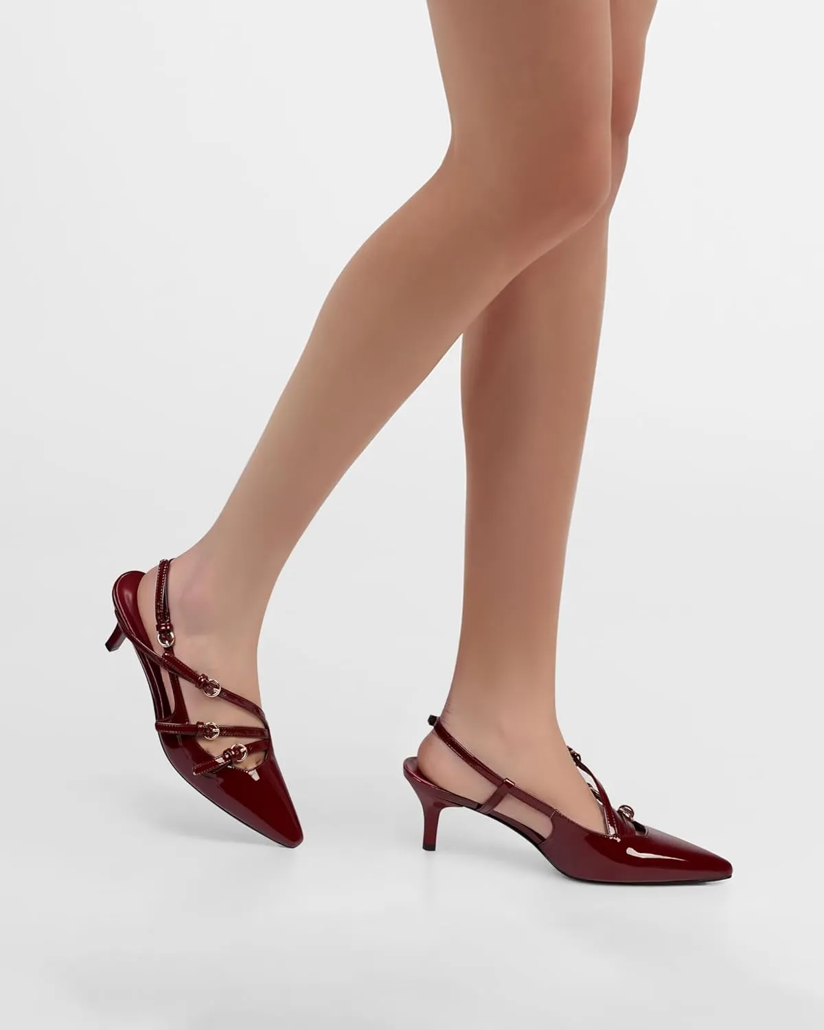 CORNMOOD Slingback Kitten Heels for Women Pointed Toe Stiletto Low Heels with Buckle Strap Heeled Pumps Sandals