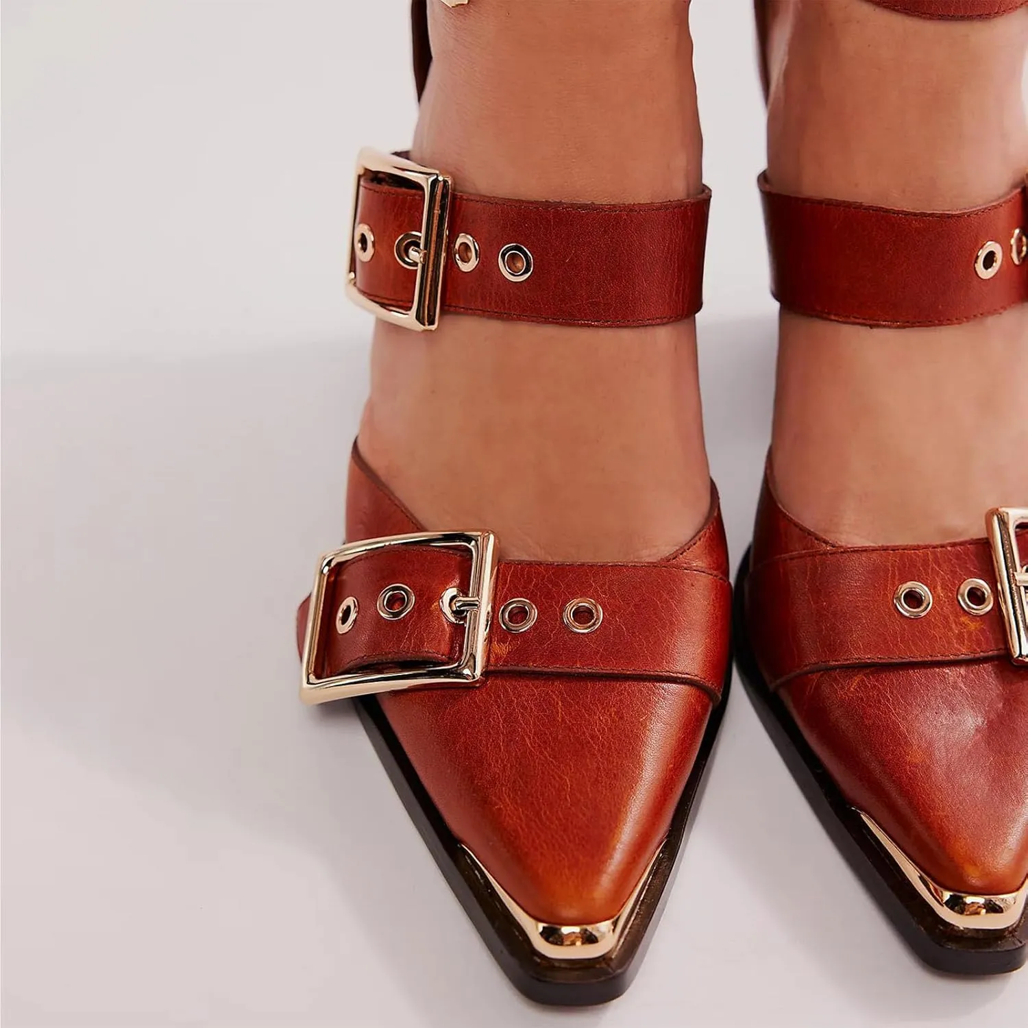 CORNMOOD Western Sandals for Women Chunky Heel Pointed Toe Pumps Metal Buckle Strappy Wedges Western Heels Block Bridal Shoes