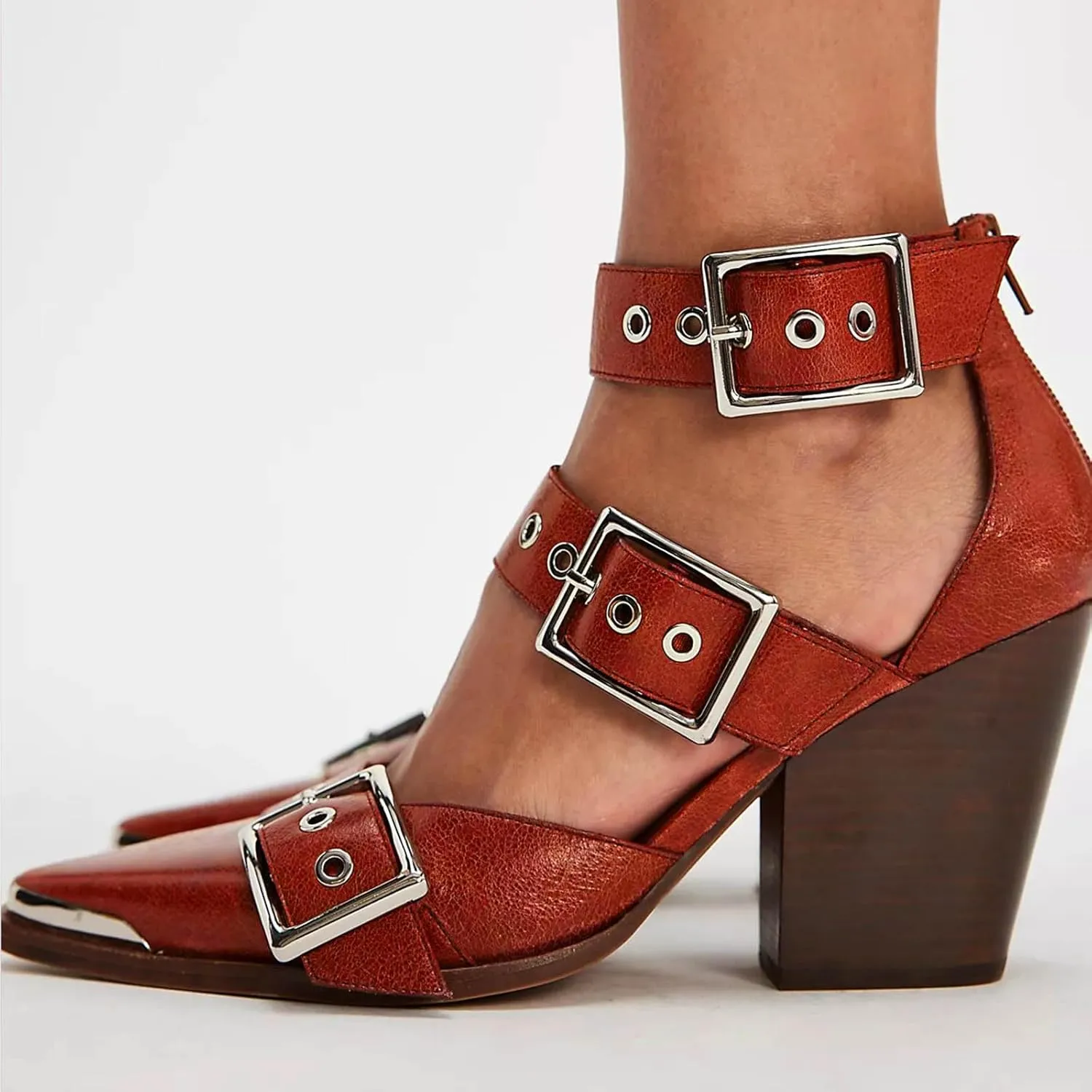 CORNMOOD Western Sandals for Women Chunky Heel Pointed Toe Pumps Metal Buckle Strappy Wedges Western Heels Block Bridal Shoes