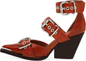 CORNMOOD Western Sandals for Women Chunky Heel Pointed Toe Pumps Metal Buckle Strappy Wedges Western Heels Block Bridal Shoes
