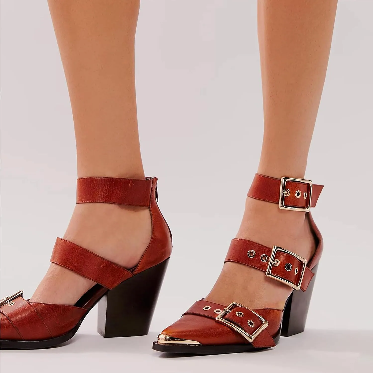 CORNMOOD Western Sandals for Women Chunky Heel Pointed Toe Pumps Metal Buckle Strappy Wedges Western Heels Block Bridal Shoes