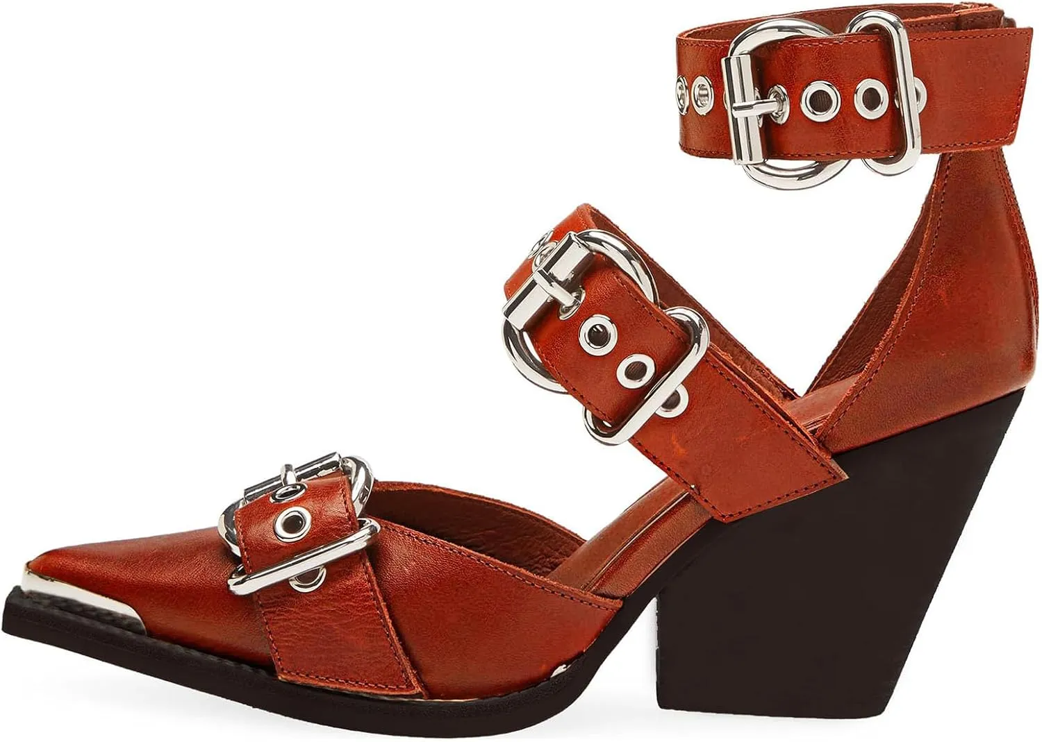 CORNMOOD Western Sandals for Women Chunky Heel Pointed Toe Pumps Metal Buckle Strappy Wedges Western Heels Block Bridal Shoes