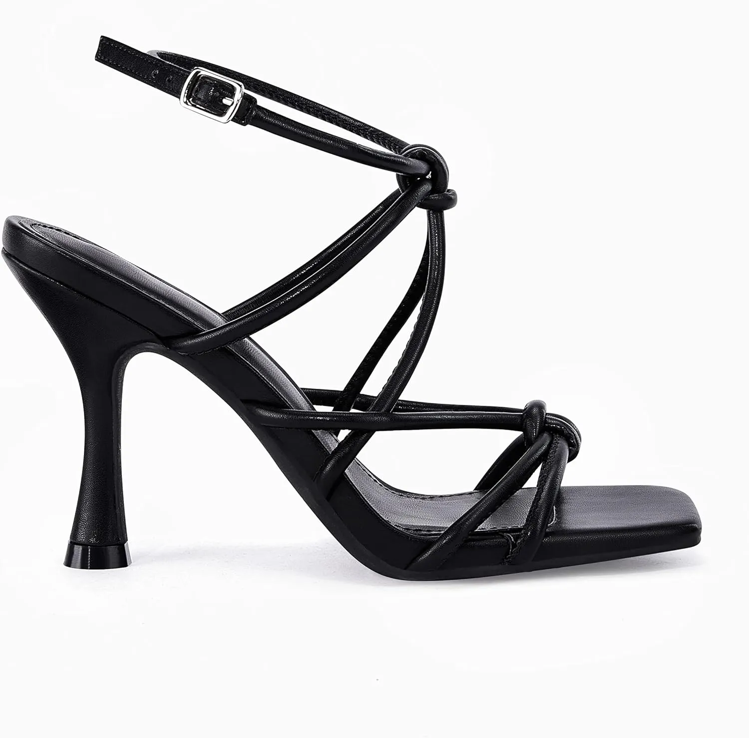 Coutgo Womens Strappy Heels Sandals Kitten Heeled Square Toe Ankle Strap Buckle Gladiator Stilettos Dress Party Shoes