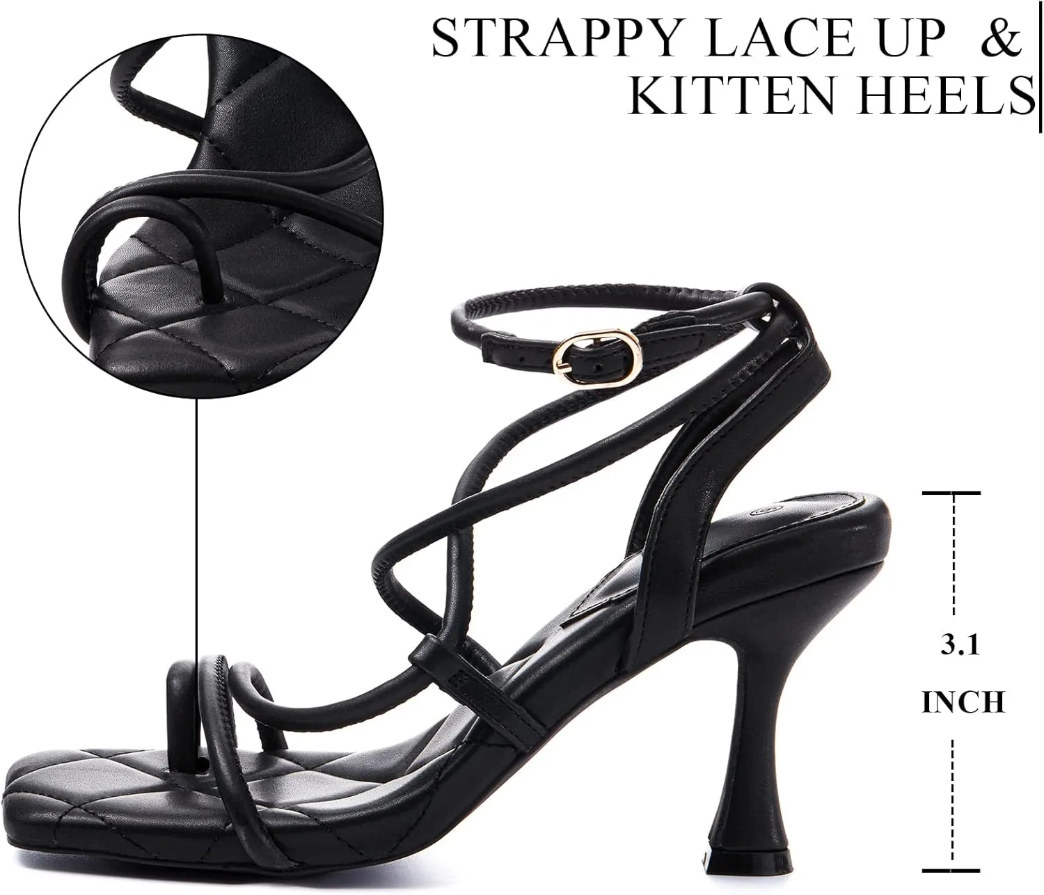 Coutgo Womens Strappy Square Toe Heels Sandals Lace Up Kitten Heeled Sandals Quilted Party Dress Shoes