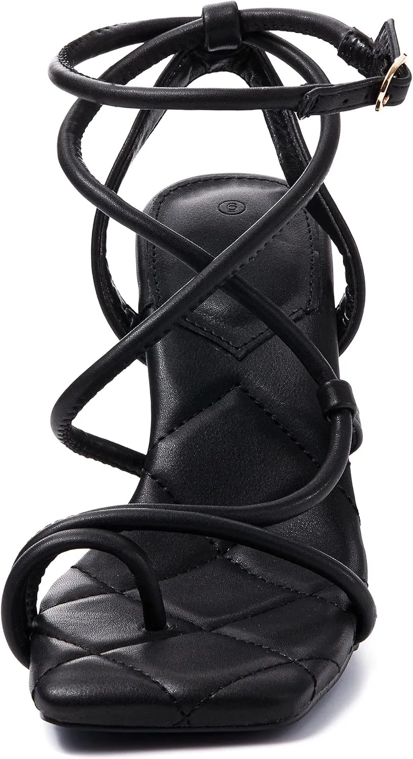 Coutgo Womens Strappy Square Toe Heels Sandals Lace Up Kitten Heeled Sandals Quilted Party Dress Shoes