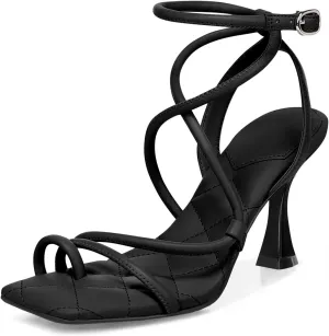 Coutgo Womens Strappy Square Toe Heels Sandals Lace Up Kitten Heeled Sandals Quilted Party Dress Shoes