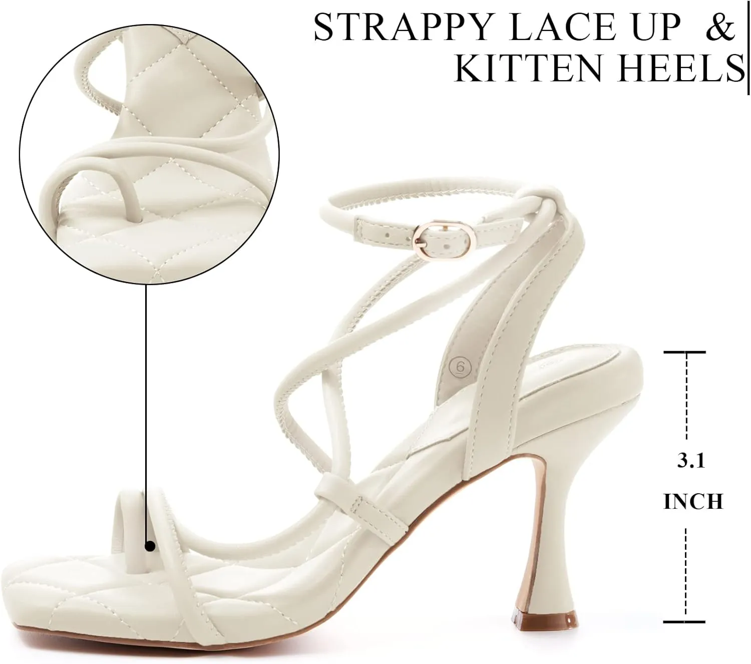 Coutgo Womens Strappy Square Toe Heels Sandals Lace Up Kitten Heeled Sandals Quilted Party Dress Shoes
