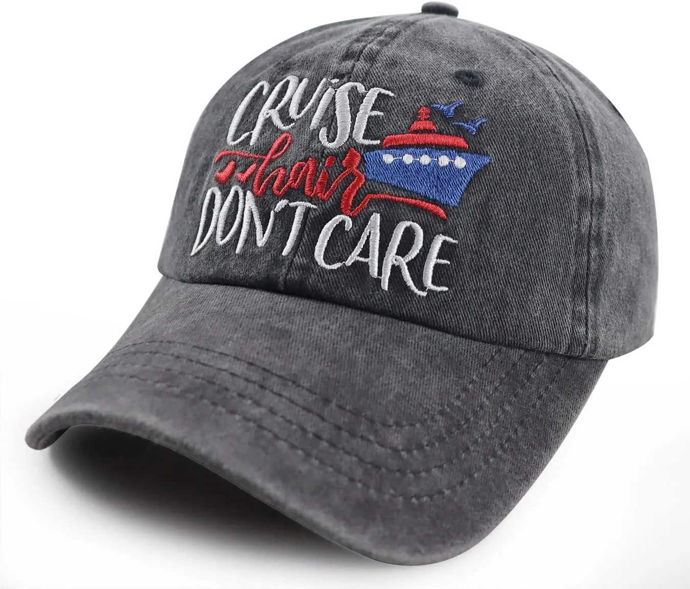 Cruise Hair Don't Care Hats for Men Women, Adjustable Vintage Embroidered Washed Cotton Denim Boat Baseball Cap