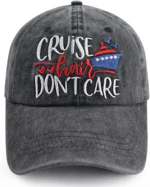 Cruise Hair Don't Care Hats for Men Women, Adjustable Vintage Embroidered Washed Cotton Denim Boat Baseball Cap