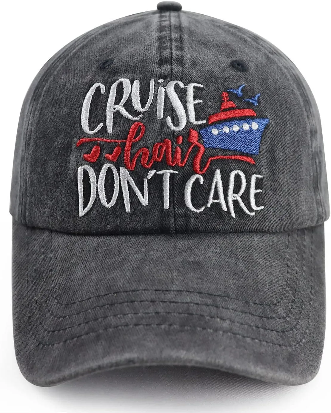 Cruise Hair Don't Care Hats for Men Women, Adjustable Vintage Embroidered Washed Cotton Denim Boat Baseball Cap
