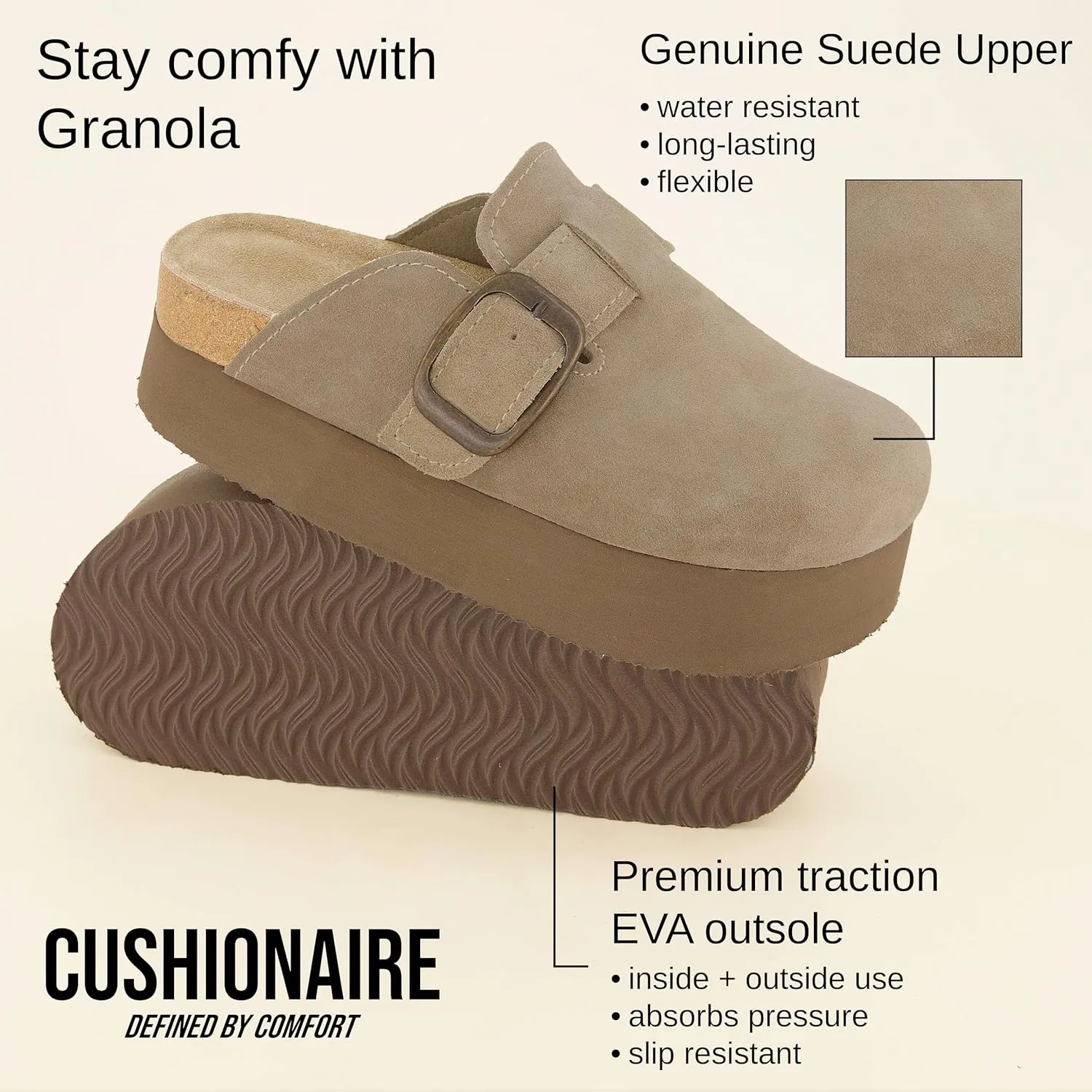 CUSHIONAIRE Women's Granola *Previous Buckle Issue Fixed* Genuine Suede Cork Footbed Platform Clog,  Comfort, Wide Widths Available