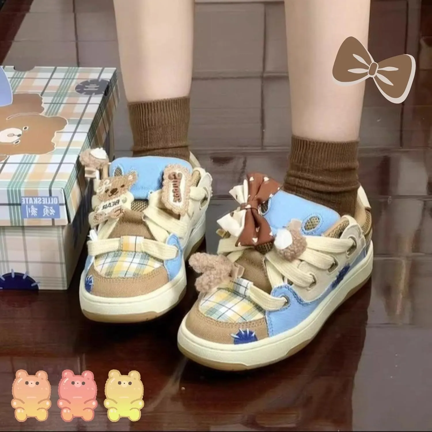 Cute Bear Platform Shoes - Kawaii Chunky Sneakers, Aesthetic Canvas and Denim Casual Shoes with Fun Attachments