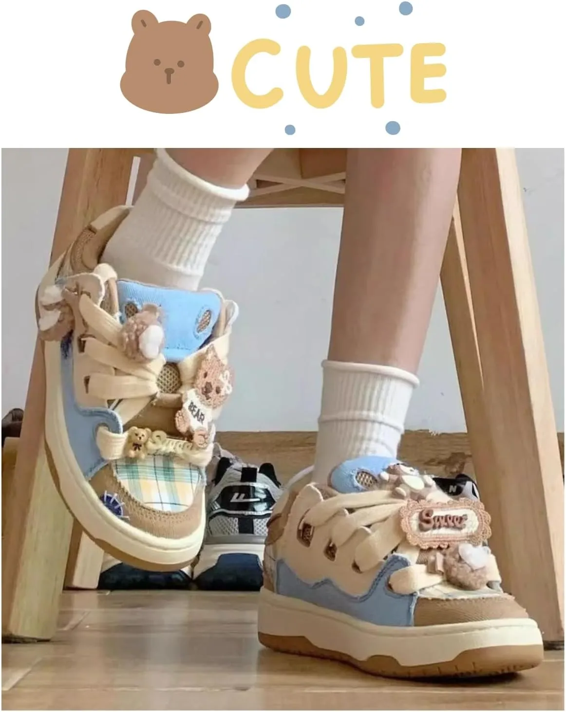 Cute Bear Platform Shoes - Kawaii Chunky Sneakers, Aesthetic Canvas and Denim Casual Shoes with Fun Attachments